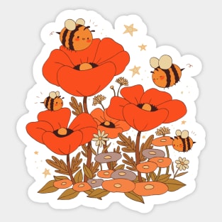 Cute bumblebees with poppy flowers vintage Cottagecore Aesthetic Sticker